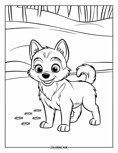 Coloriage de chiots pour enfants : Un chiot Husky explore un paysage hivernal féerique, ses traces marquant la neige fraîche