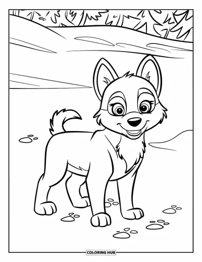 Coloriage de chiots pour enfants : Un chiot Husky se tient dans la neige, en laissant derrière lui de petites empreintes