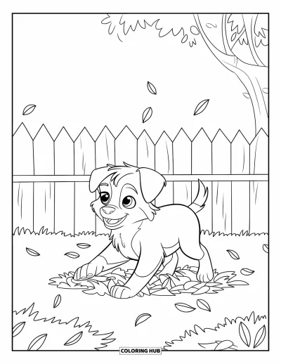 Coloriage de chiots pour enfants : Un chiot Border Collie joyeux plonge dans un tas de feuilles éparpillées