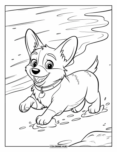 Coloriage de chiots pour enfants : Un chiot Corgi joyeux court sur la plage pendant que les vagues touchent ses pattes