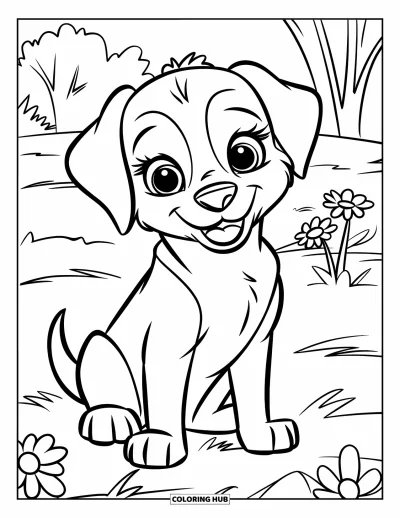 Coloriage de chiots pour enfants : Un chiot Labrador joyeux est assis dans l’herbe, levant les yeux avec un sourire radieux