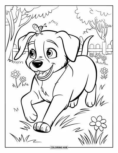 Coloriage de chiots pour enfants : Un chiot Labrador Retriever poursuit un papillon qui voltige au-dessus de son museau