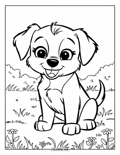 Coloriage de chiots pour enfants : Un chiot Labrador Retriever est assis dans un champ de fleurs, la queue qui remue d’excitation