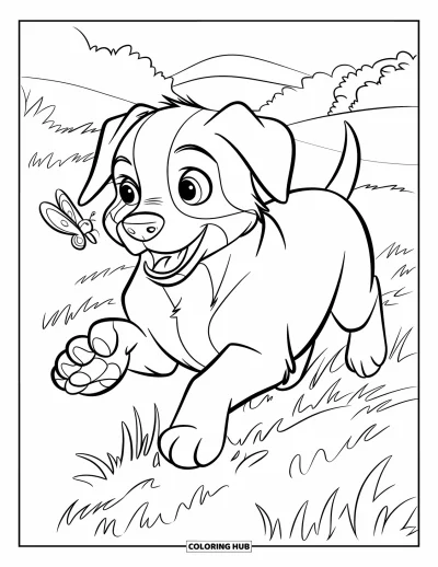 Coloriage de chiots pour enfants : Un chiot Labrador Retriever traverse un champ en sprintant, oreilles au vent, à la poursuite d’un papillon