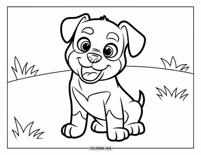 Coloriage de chiots pour enfants : Un chiot Rottweiler adorable est assis sur l’herbe, prêt pour un câlin