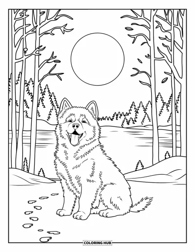 Coloriage de chiots pour enfants : Un chiot Malamute lève la tête et hurle à la lune lumineuse dans une forêt enneigée