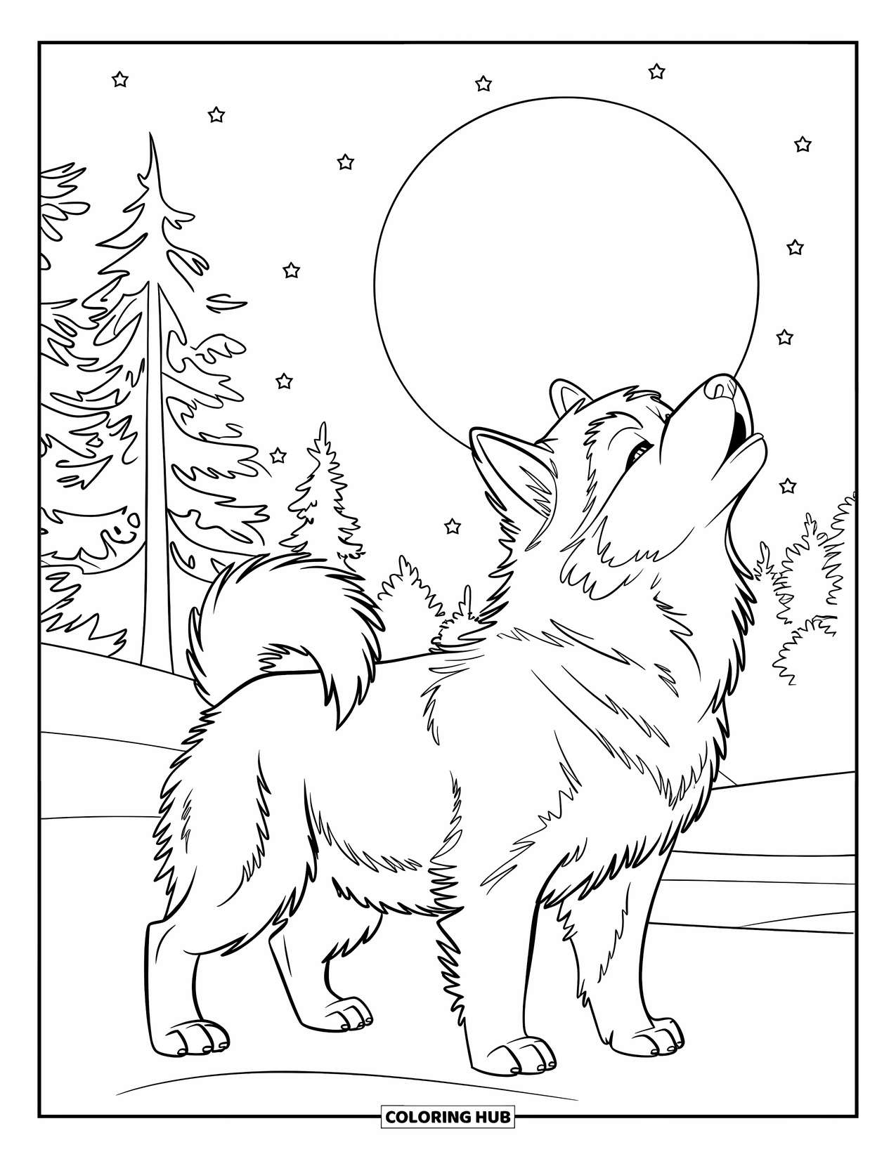 Puppy Coloring Page for Kids: A Malamute puppy stands on snowy ground, howling under the bright moonlight
