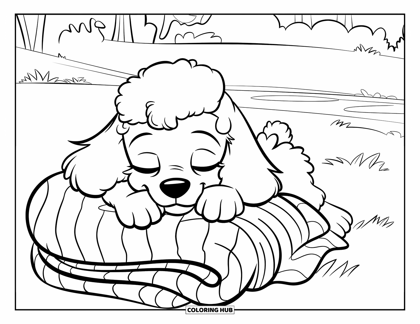 Puppy Coloring Page for Kids: A peaceful Poodle puppy rests beside a blanket on a grassy field with trees nearby