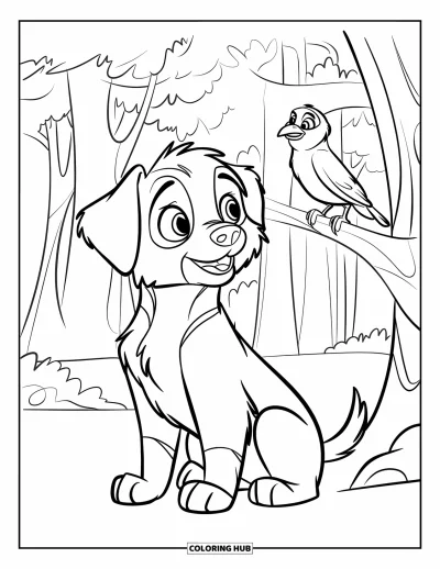 Coloriage de chiots pour enfants : Un chiot Berger australien joueur lève les yeux vers un oiseau parmi les branches