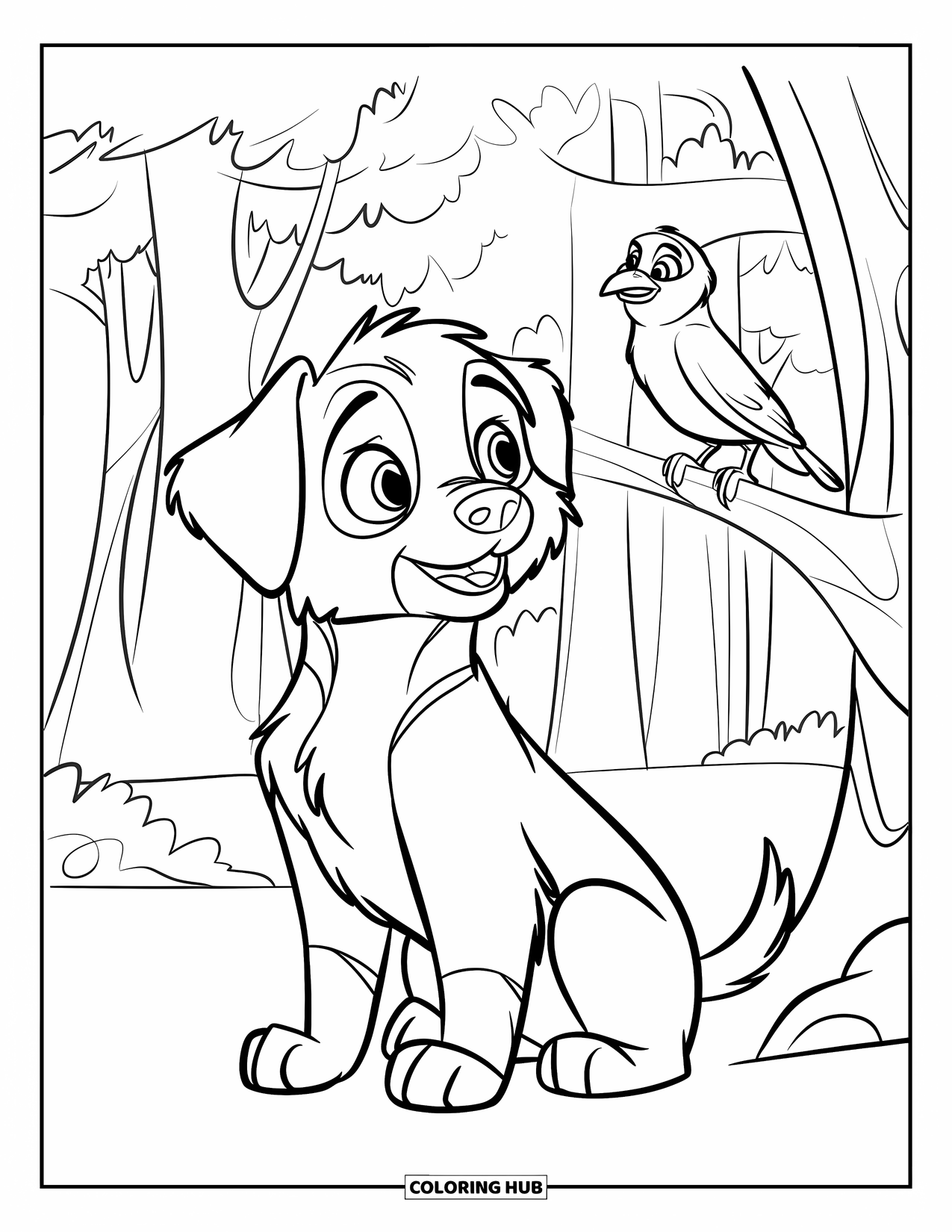 Puppy Coloring Page for Kids: A playful Australian Shepherd puppy looks up at a bird among tree branches