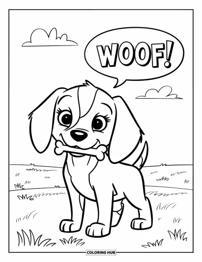 Coloriage de chiots pour enfants : Un chiot Beagle joueur tient un os dans sa gueule, l’air joyeux et enthousiaste