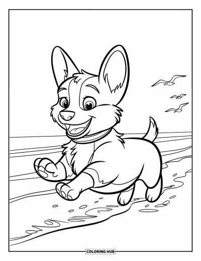 Coloriage de chiots pour enfants : Un chiot Corgi joueur court près de l’eau, avec des mouettes qui volent au-dessus