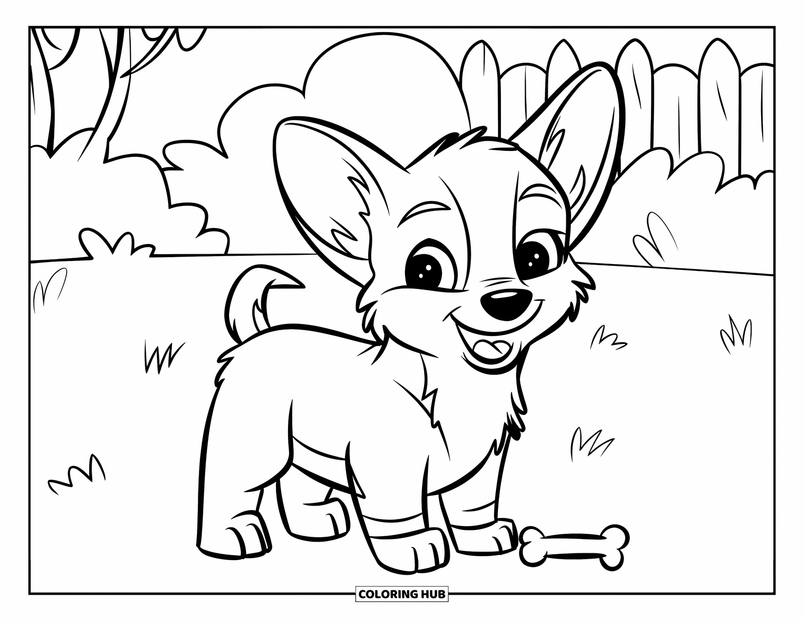Puppy Coloring Page for Kids: A playful Corgi puppy stands next to a tiny bone, wagging its short tail