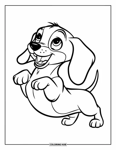 Coloriage de chiots pour enfants : Un chiot Teckel joueur se tient sur ses petites pattes, le regard plein d’enthousiasme