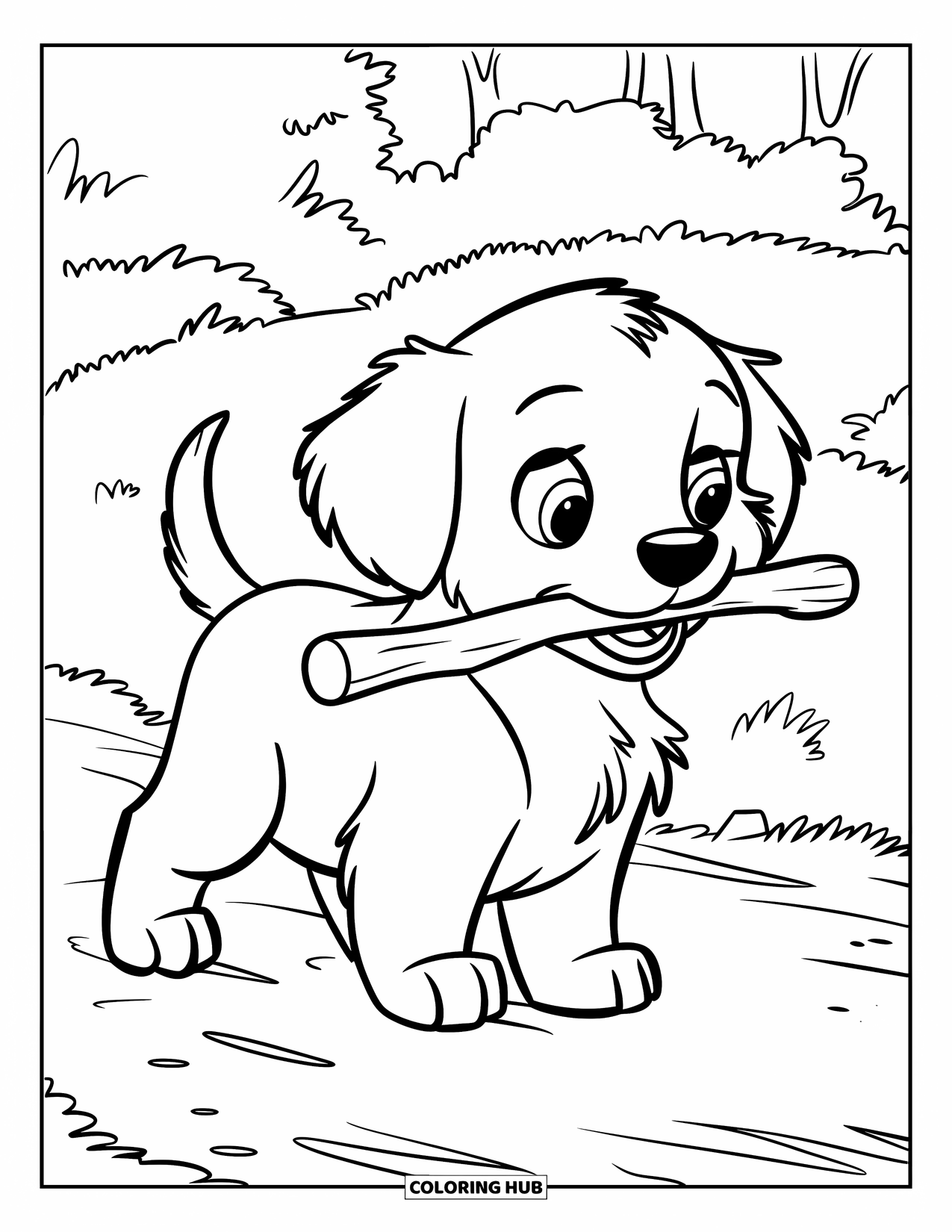 Puppy Coloring Page for Kids: A playful Golden Retriever puppy carries a small stick while exploring a forest trail
