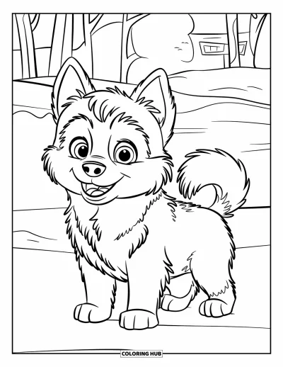 Coloriage de chiots pour enfants : Un chiot Husky joueur se tient dans un champ enneigé, entouré d’arbres givrés