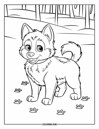 Coloriage de chiots pour enfants : Un chiot Husky joueur se tient dans la neige, oreilles dressées et queue qui remue