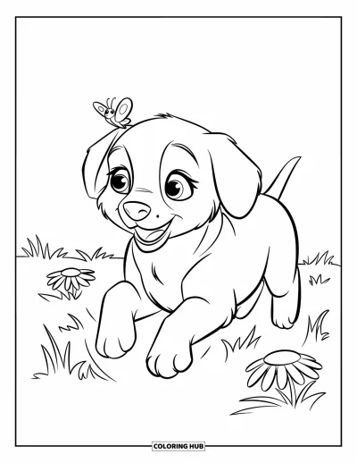 Coloriage de chiots pour enfants : Un chiot Labrador joueur court dans l’herbe en essayant d’attraper un petit papillon