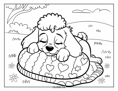 Coloriage de chiots pour enfants : Un chiot Caniche se blottit sur une couverture à motifs, entouré de fleurs et d’arbres