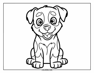 Coloriage de chiots pour enfants : Un chiot Rottweiler aux oreilles tombantes et au sourire joueur est assis paisiblement dans le champ