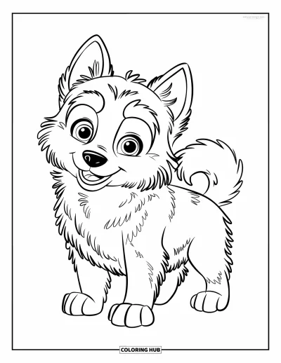 Coloriage de chiots pour enfants : Un chiot Husky de Sibérie lève les yeux avec un regard lumineux, sur un chemin enneigé