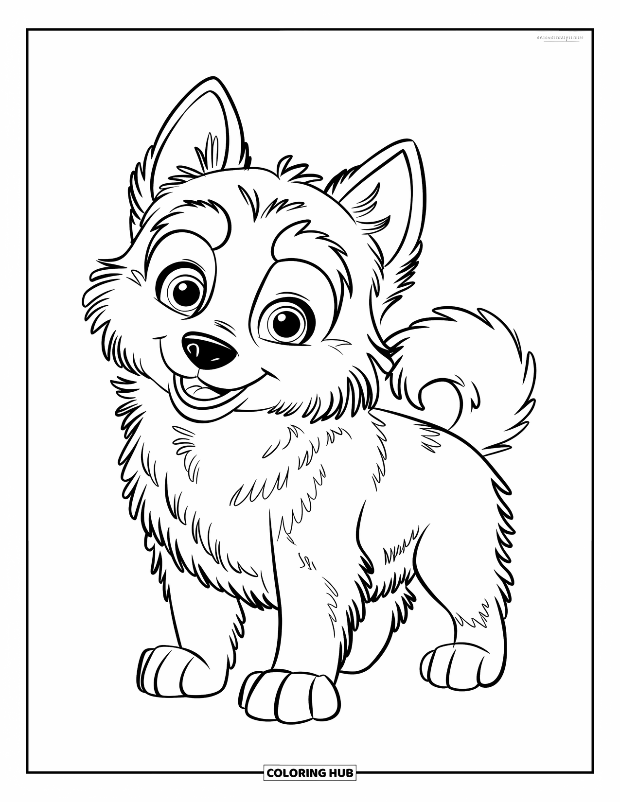 Puppy Coloring Page for Kids: A Siberian Husky puppy looks up with bright eyes, standing on a snowy path