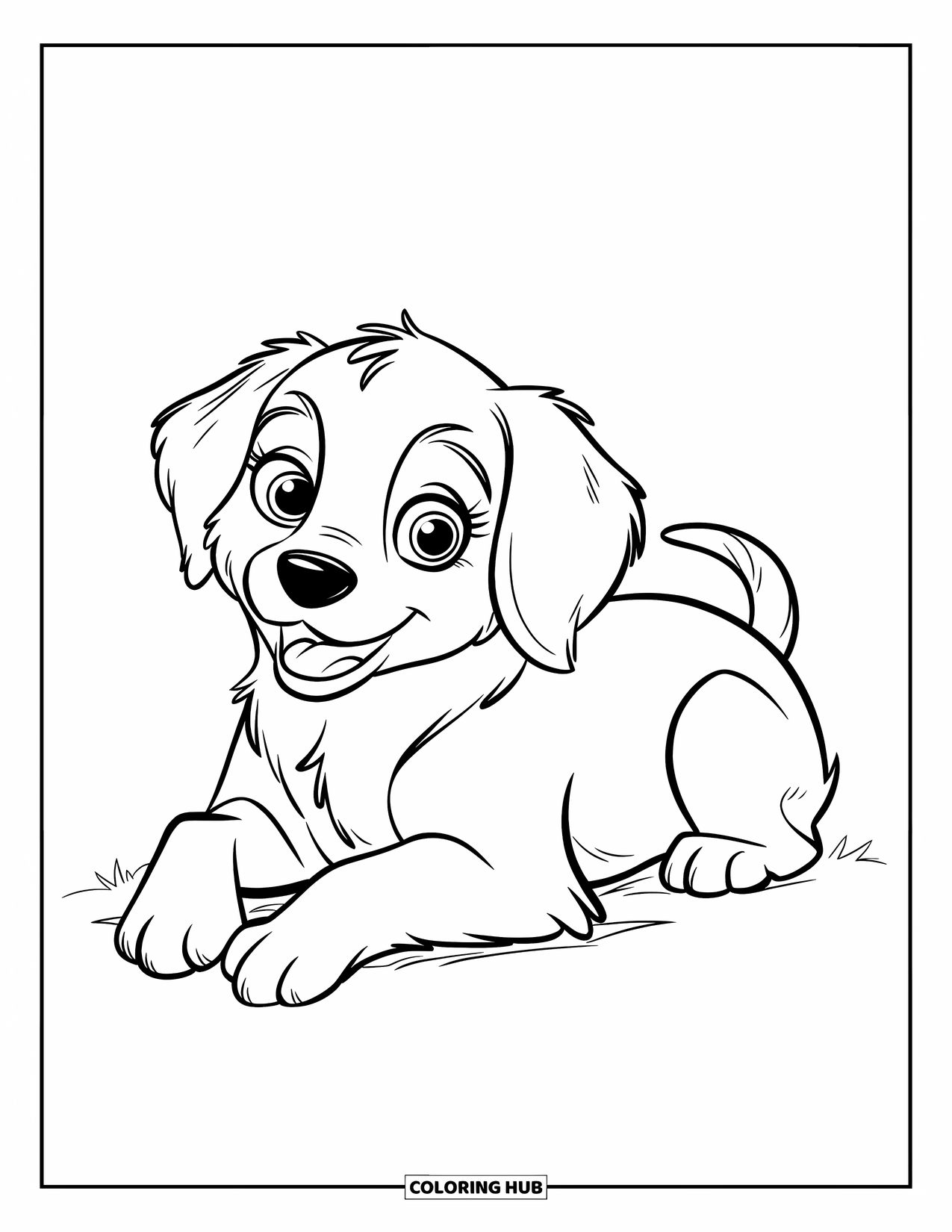 Puppy Coloring Page for Kids: A sleepy Golden Retriever puppy stretches out, paws in the air playfully