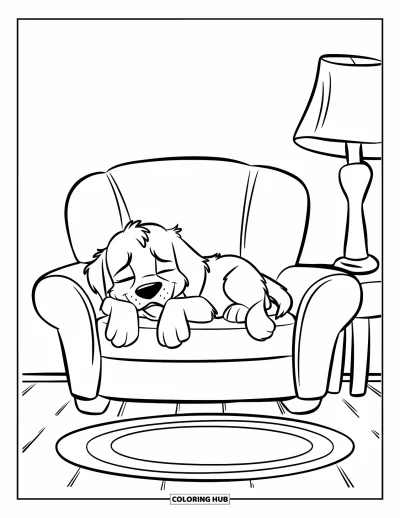 Coloriage de chiots pour enfants : Un chiot Retriever somnolent s’étire sur un canapé, au repos dans une pièce tranquille
