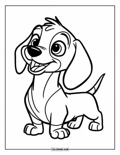 Coloriage de chiots pour enfants : Un tout petit chiot Teckel lève ses pattes avant avec entrain, la queue frétillante