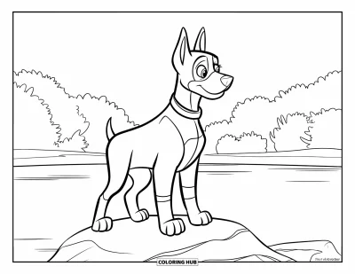 Coloriage de chiots pour enfants : Un chiot Dobermann vigilant se tient sur un rocher, face à un lac calme et des arbres