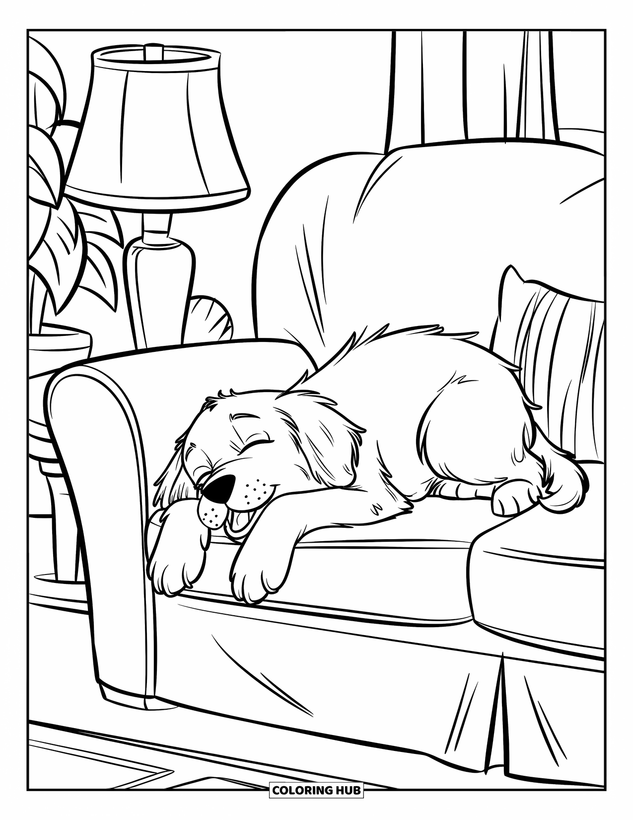 Puppy Coloring Page for Kids: A yawning Golden Retriever puppy lies on a couch in a cozy living room