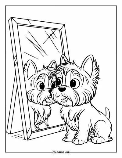 Coloriage de chiots pour enfants : Un chiot Yorkie est assis sur un plancher en bois, émerveillé par son reflet dans le miroir