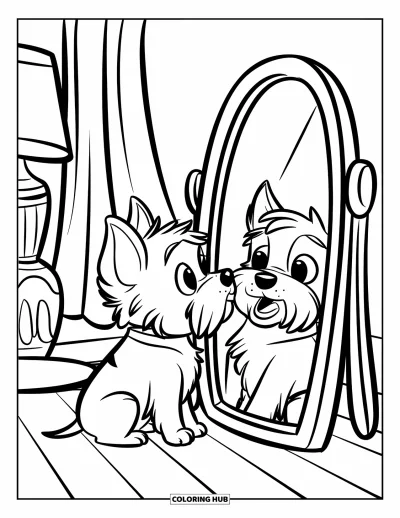 Coloriage de chiots pour enfants : Un chiot Yorkshire Terrier regarde son reflet dans un miroir avec une expression surprise