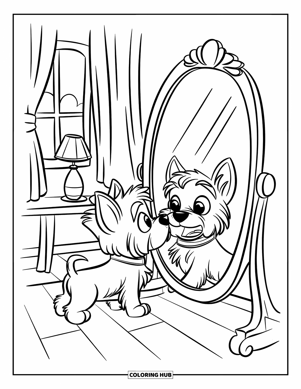 Puppy Coloring Page for Kids: A Yorkshire Terrier puppy tilts its head while gazing at itself in a decorative mirror