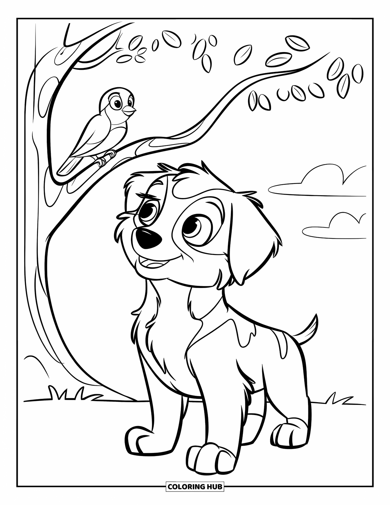 Puppy Coloring Page for Kids: An Australian Shepherd puppy tilts its head as it watches a bird above