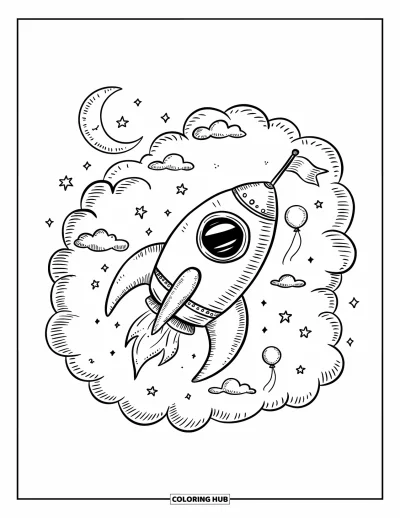 Rocket Coloring Page for Adults: A bubbly rocket nestled in fluffy clouds, watched over by a sleepy moon