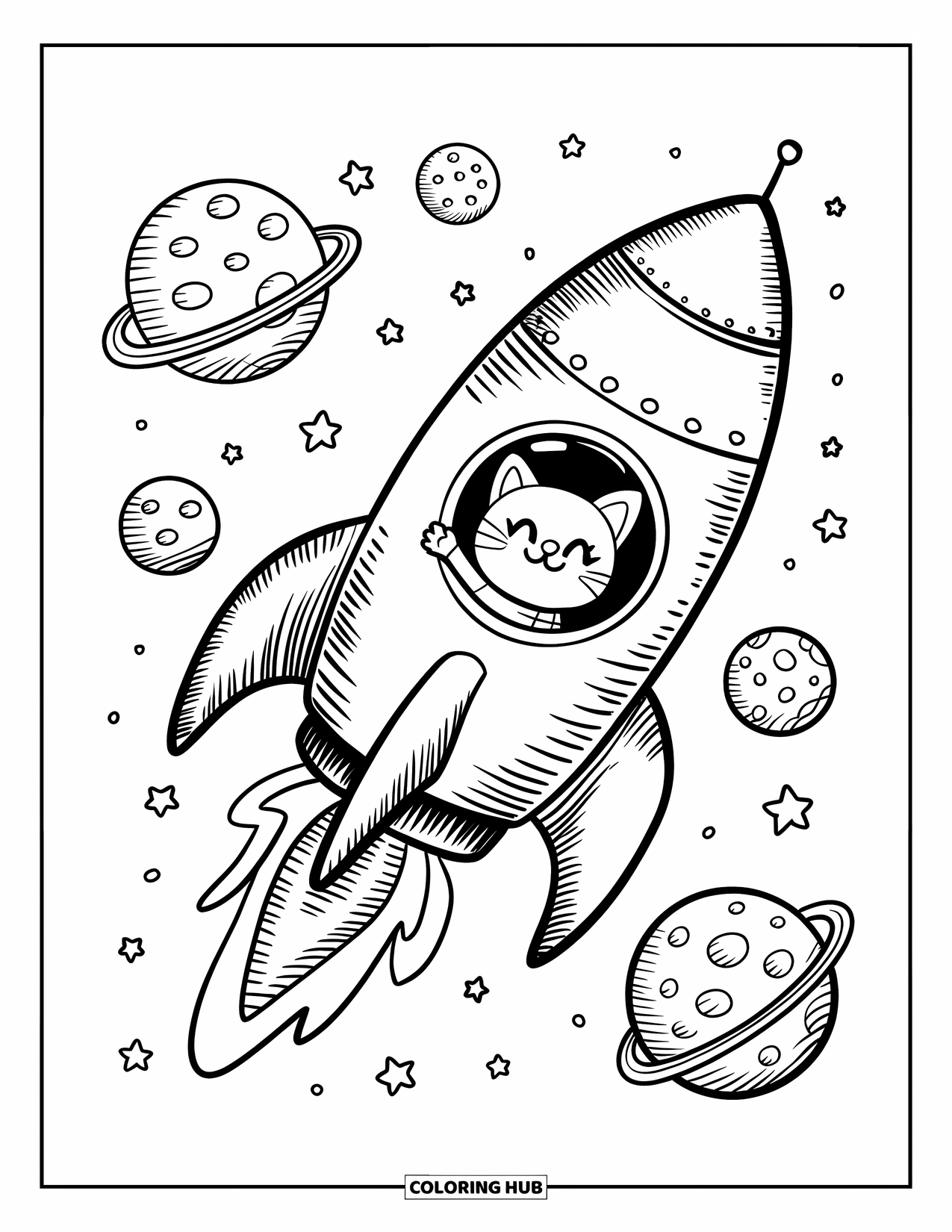 Rocket Coloring Page for Adults: A cheerful cat astronaut waving from a rocket, flying past smiling planets and twinkling stars