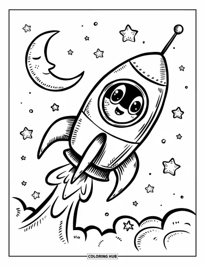Rocket Coloring Page for Adults: A chubby rocket launching with a heart-shaped smoke trail and a sleepy crescent moon
