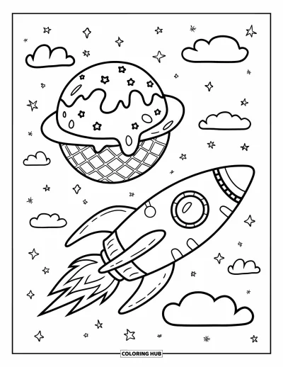 Rocket Coloring Page for Adults: A cute rocket speeding by a waffle-cone planet topped with sprinkles and a cherry