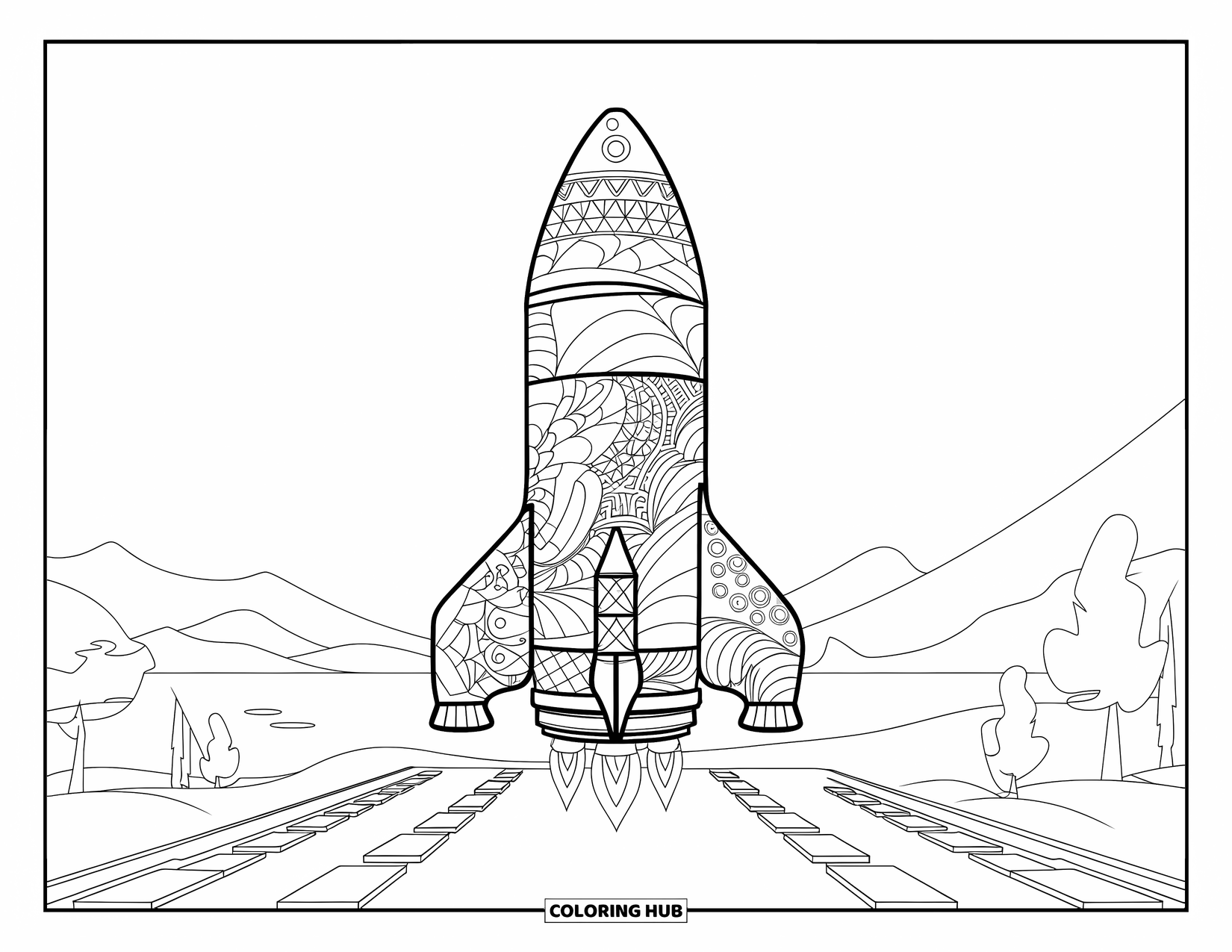 Rocket Coloring Page for Adults: A decorated rocket with geometric and organic designs, placed on a launchpad