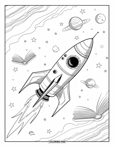 Rocket Coloring Page for Adults: A dreamlike space journey with a rocket soaring past floating books and galaxies