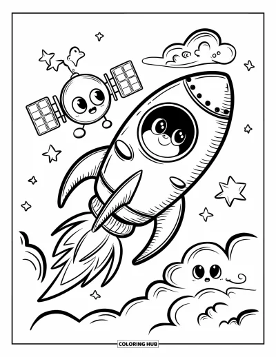 Rocket Coloring Page for Adults: A friendly rocket and its tiny space sidekick traveling through a cheerful cosmic sky