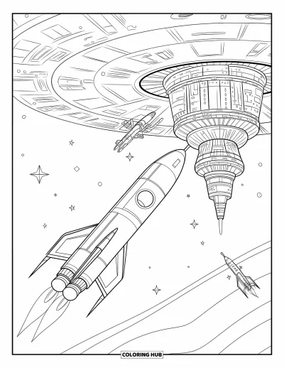 Rocket Coloring Page for Adults: A futuristic rocket connecting to a floating space station with multiple architectural levels