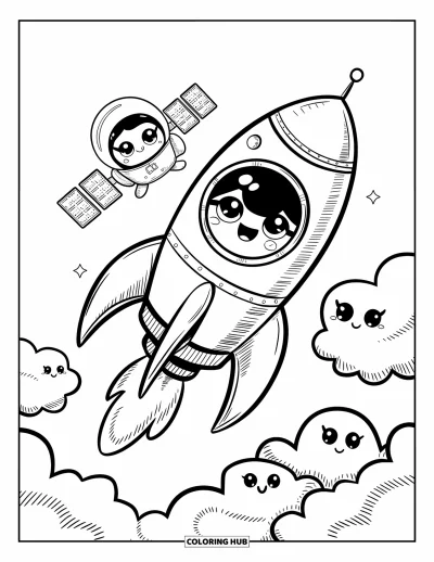 Rocket Coloring Page for Adults: A kawaii rocket and satellite duo playfully soaring past fluffy, laughing clouds