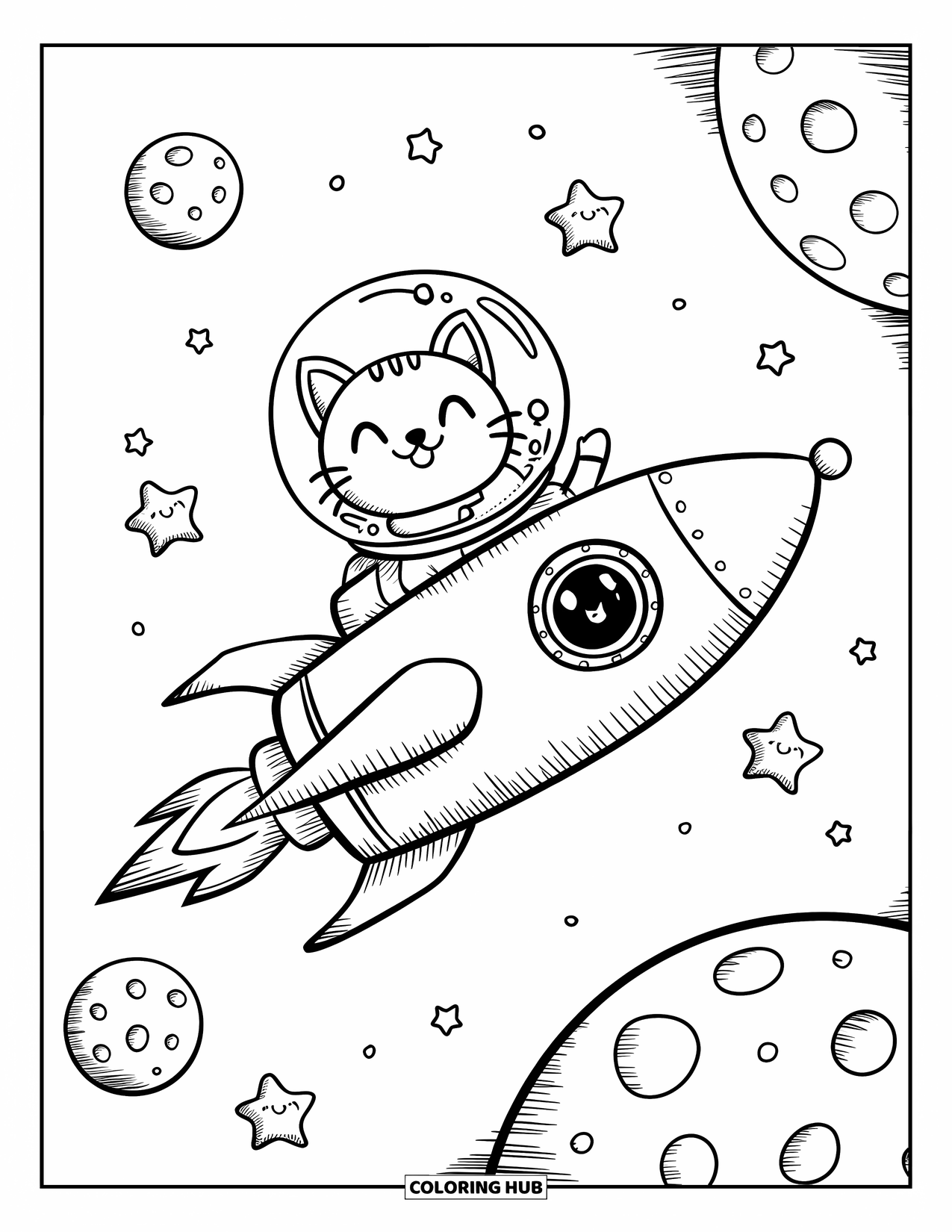 Rocket Coloring Page for Adults: A kawaii rocket carrying a tiny astronaut cat, floating among smiling planets and stars