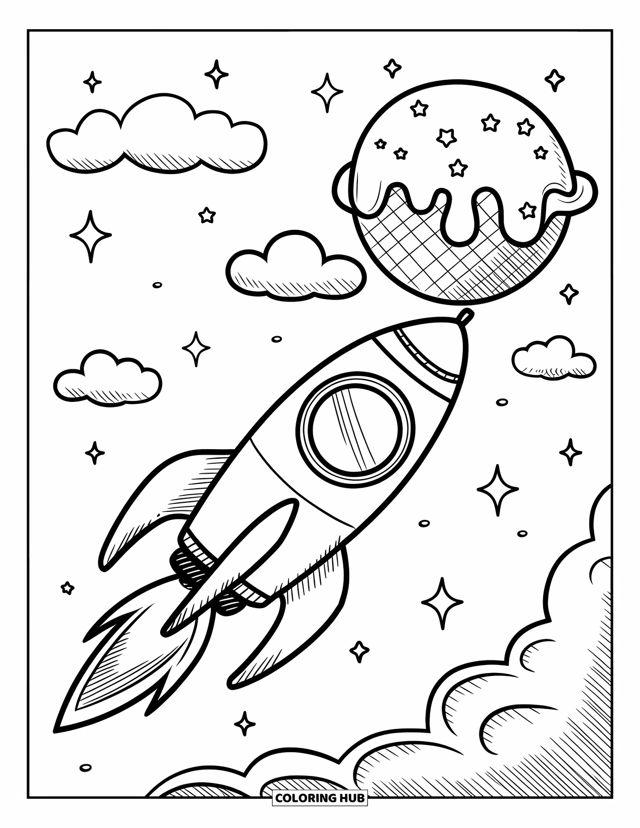 Rocket Coloring Page for Adults: A kawaii rocket zooming past an ice cream-shaped planet with twinkling stars around
