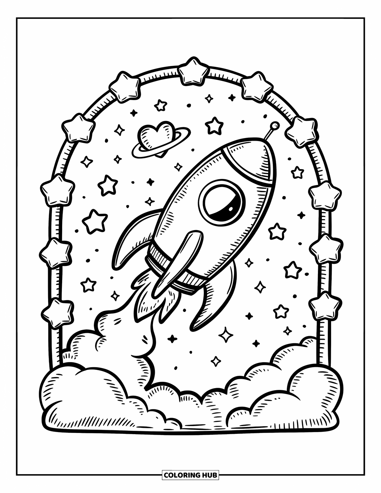 Rocket Coloring Page for Adults: A kawaii-style spaceship gliding under a heart-shaped galaxy and a twinkling archway