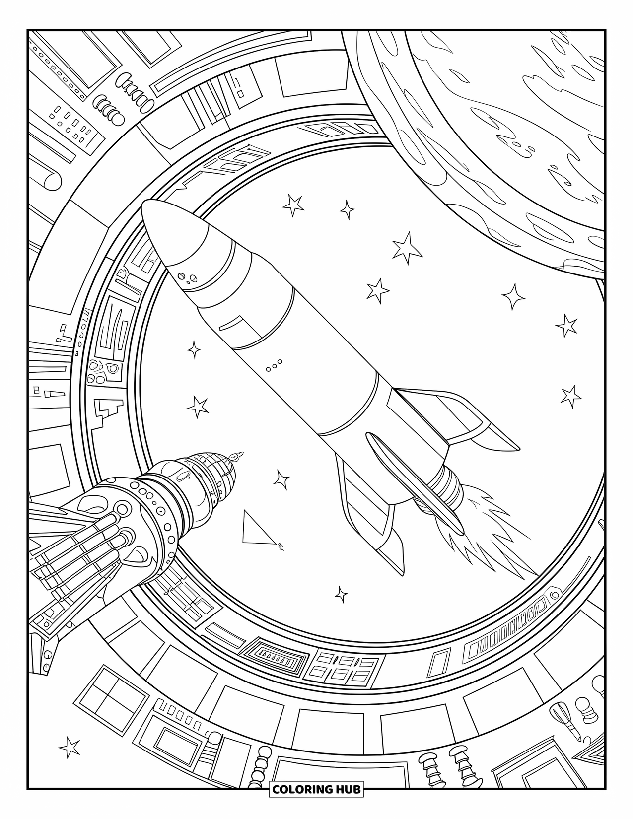 Rocket Coloring Page for Adults: A large space station with a docking rocket, detailed with windows, pipes, and control panels