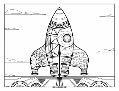 Rocket Coloring Page for Adults: A patterned rocket with spirals and shapes, set against a cloudy sky