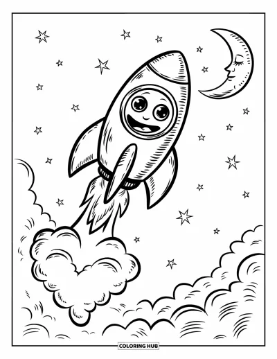 Rocket Coloring Page for Adults: A plump, smiling rocket launching with twinkling stars and a cozy crescent moon above